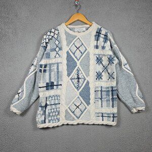 Vintage Grandma Sweater Womens Size Large 3D Cable-Knit Pullover Argyle USA 90s
